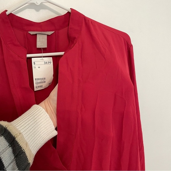 NEW NWT H&M Plus Size Red Pleated V-Neck Long Sleeve Shirt Dress Shift Dress 22 - Picture 6 of 16